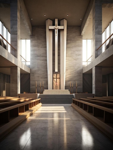 Uma igreja com uma cruz no topo das escadas.