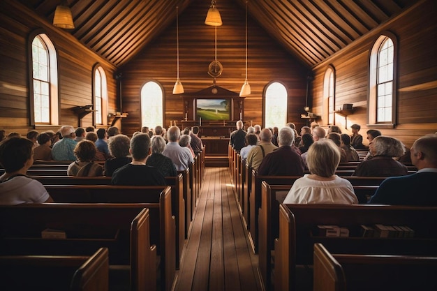 Uma igreja com uma grande multidão em primeiro plano e uma igreja com uma igreja no fundo.