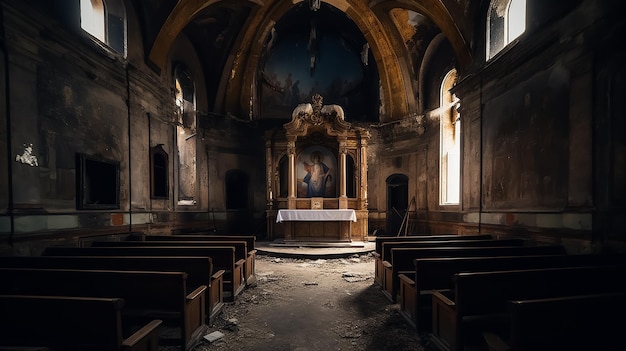 Uma igreja com uma pintura de um homem no teto