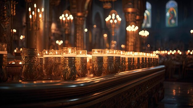 uma igreja com velas acesas em fundo escuro