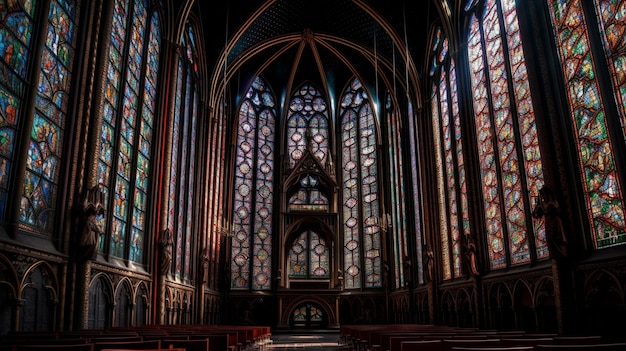 Uma igreja com vitrais e um vitral