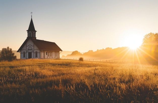 Foto uma igreja em um campo de campo pelo sol ao nascer do sol