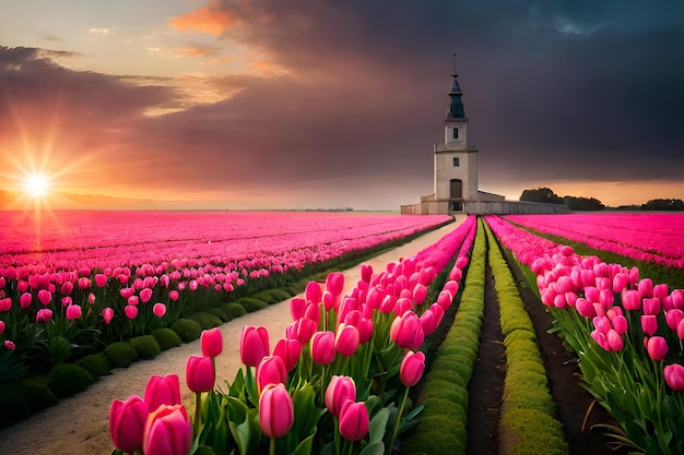 Uma igreja em um campo de tulipas com uma igreja ao fundo.