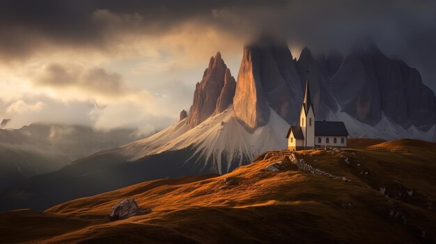 Uma igreja em uma colina com montanhas ao fundo