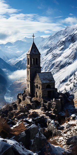 Foto uma igreja em uma montanha com uma montanha no fundo