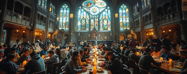 Foto uma igreja local hospeda uma cozinha de sopa.