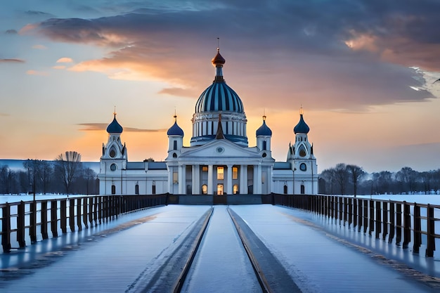 Foto uma igreja na neve com um fundo pôr do sol