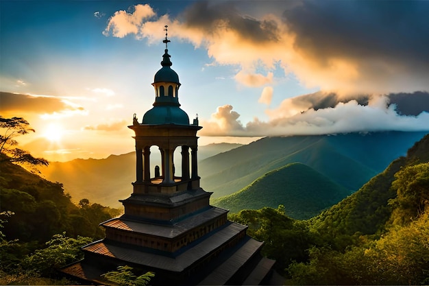 Uma igreja nas montanhas com o sol se pondo atrás dela