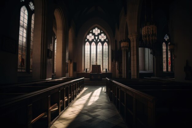 Uma igreja vazia com vitrais e bancos Imagem generativa de IA