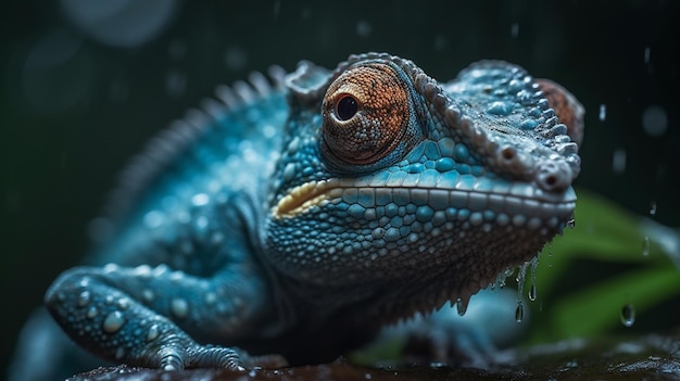 Uma iguana azul com uma folha verde ao fundo