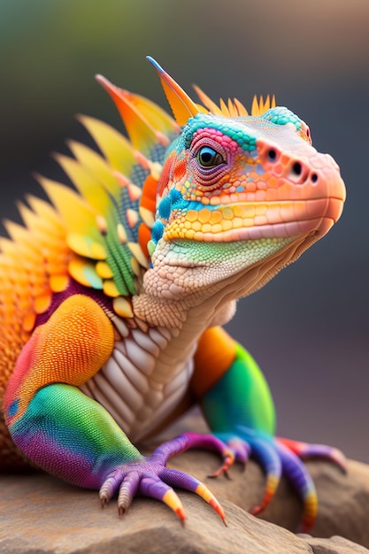 Uma iguana colorida com uma juba colorida do arco-íris