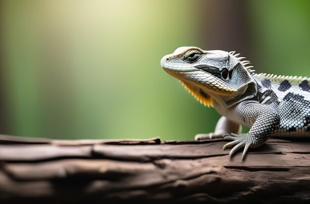 Uma iguana descansando em um banner de madeira com espaço para texto