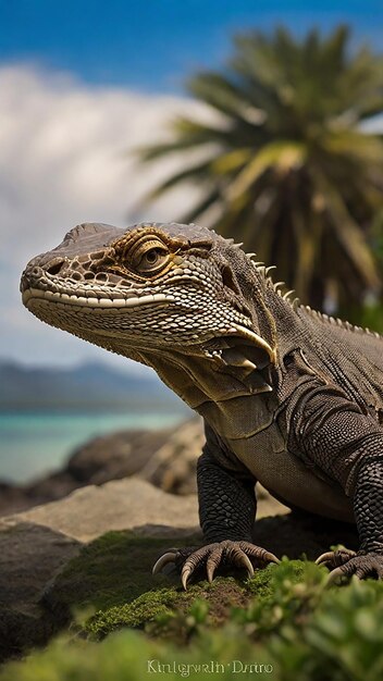 Uma iguana está sentada em um galho em uma floresta.