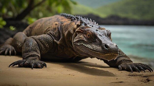 Uma iguana está sentada em um galho em uma floresta.