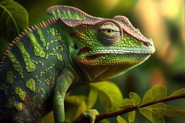 Uma iguana verde com olhos vermelhos senta-se em um galho.