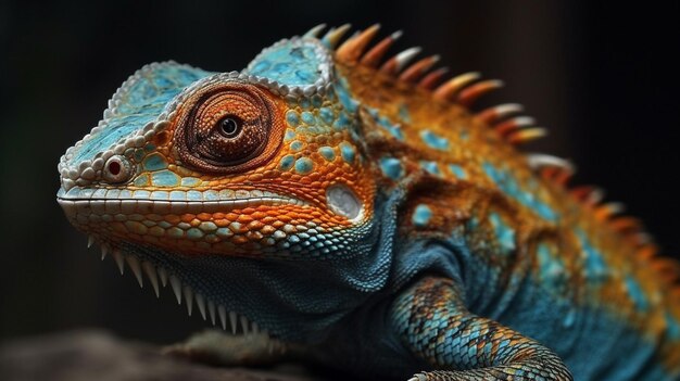 Uma iguana verde com um olho vermelho