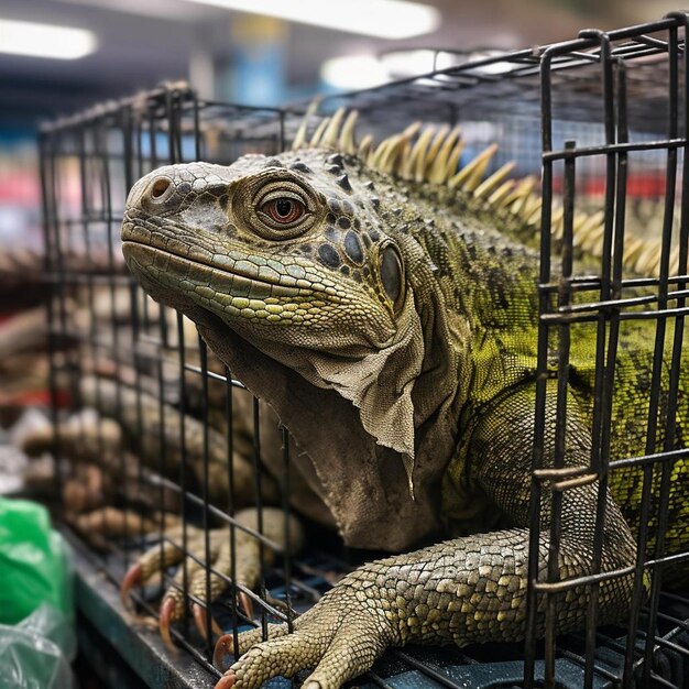 Foto uma iguana verde com um saco de comida em sua gaiola