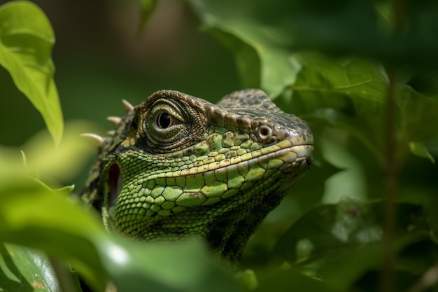 Uma iguana verde é vista através de um arbusto.