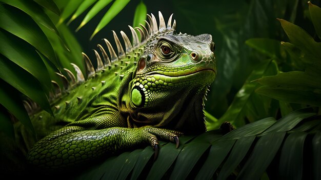 Foto uma iguana verde sentada numa folha verde