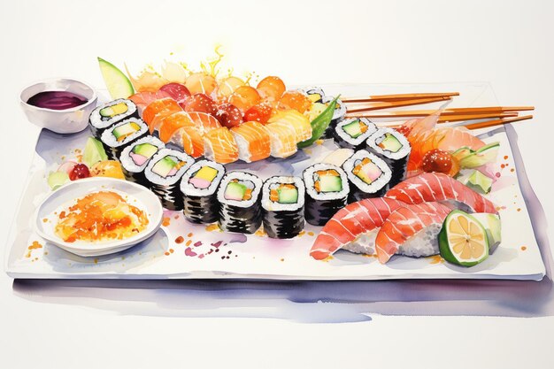 Uma iguaria em aquarela artisticamente arranjada deliciosa bandeja de sushi