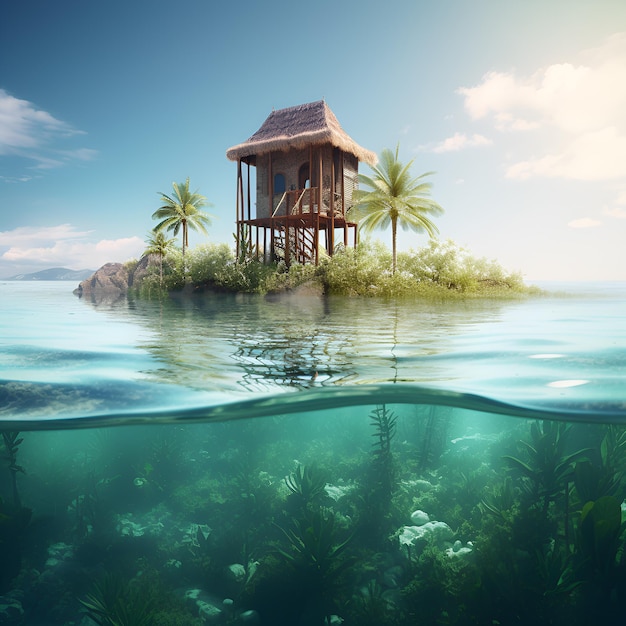 Uma ilha com uma casa e um peixe nadando na água.