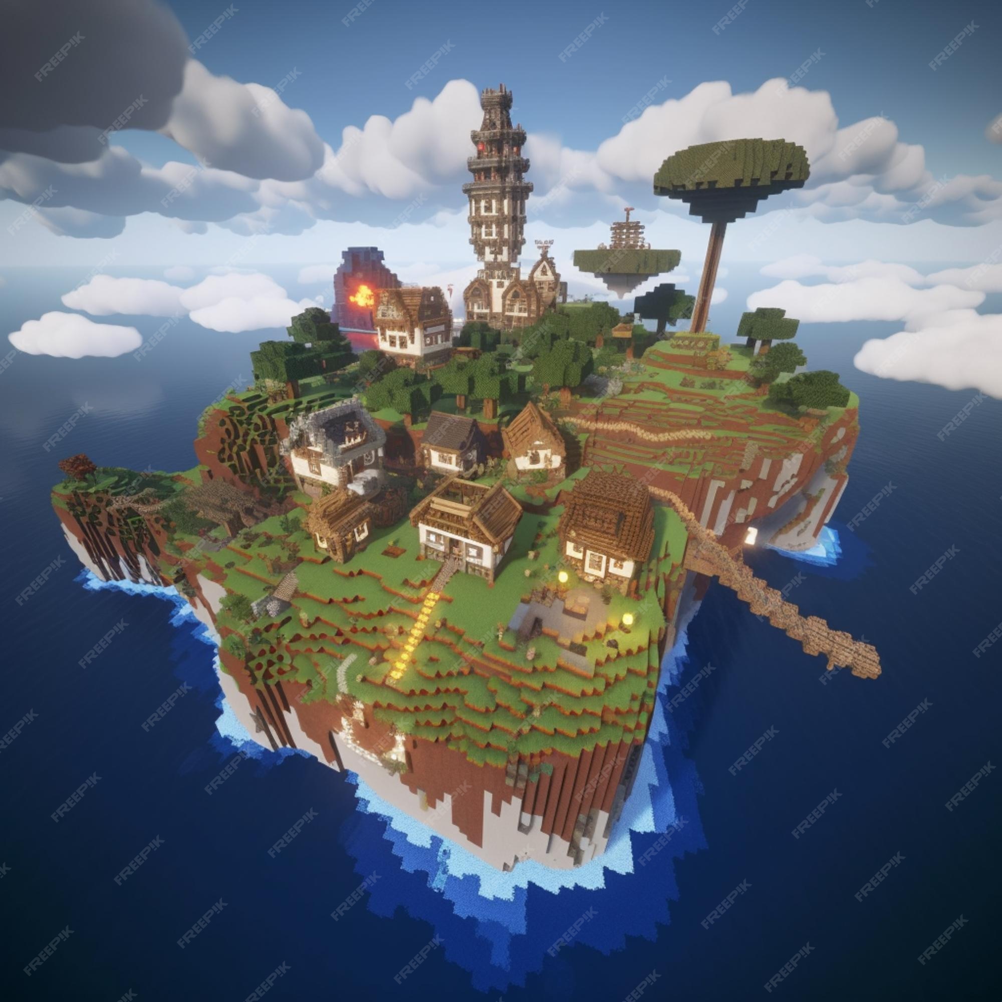 Uma ilha de minecraft com uma casa e uma árvore no topo.