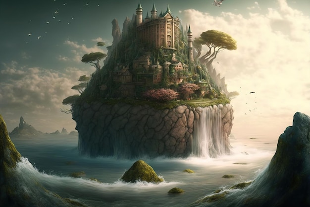 Uma ilha de selva de fantasia flutuando com uma cachoeira em cascata