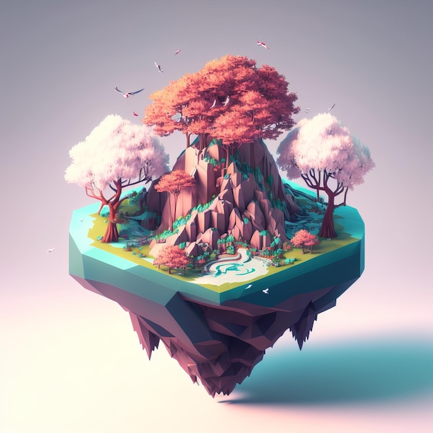 Uma ilha flutuando no ar em uma forma simplificada e minimalista do mundo do jogo generativo ai
