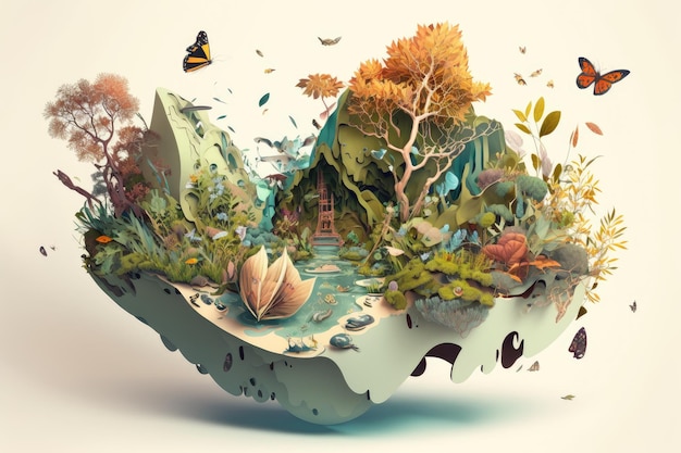 Uma ilha flutuante gigante em forma de borboleta cercada por plantas e animais de outro mundo