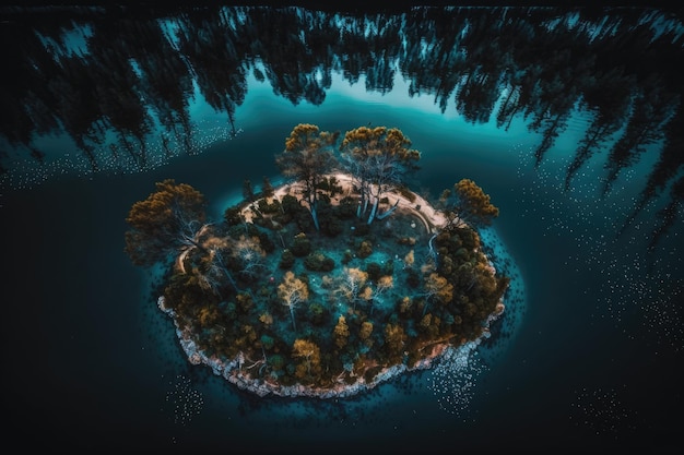 Uma ilha idílica no centro de um lago tranquilo cercada por árvores verdes exuberantes.