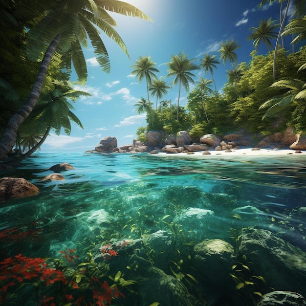Uma ilha tropical com corais e plantas tropicais.