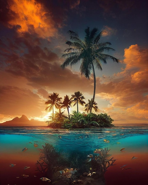 Foto uma ilha tropical com palmeiras e um pôr do sol ao fundo.