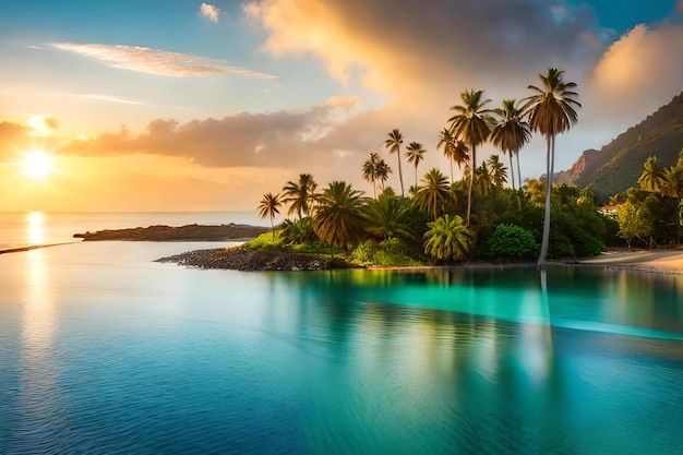 Uma ilha tropical com palmeiras e um pôr do sol