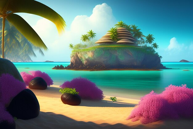 Uma ilha tropical com palmeiras e uma palmeira na praia.