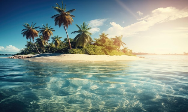 Uma ilha tropical com palmeiras e uma praia com um pôr-do-sol no fundo generativa AI