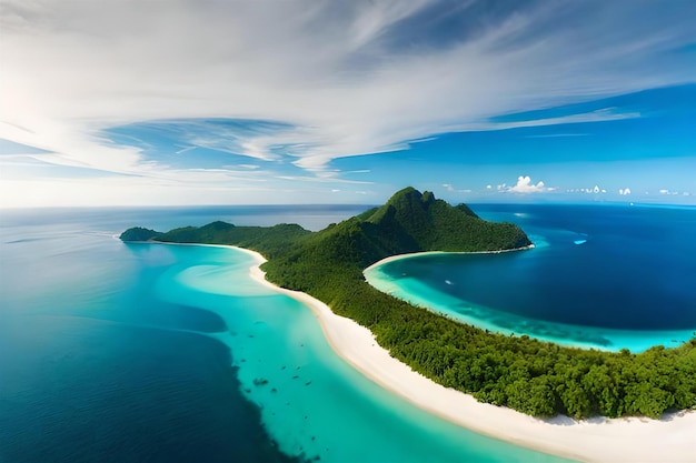 uma ilha tropical com praia e montanhas ao fundo