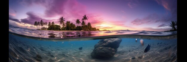 Foto uma ilha tropical com um céu roxo e uma palmeira ao fundo
