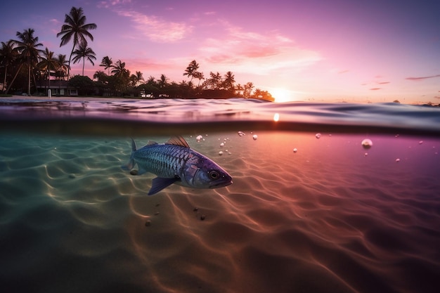 Uma ilha tropical com um peixe na água