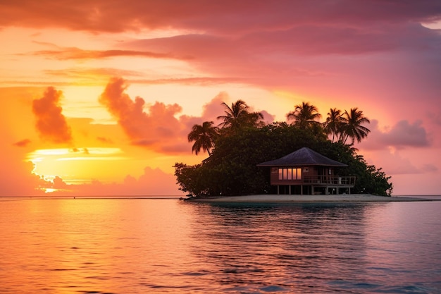 Uma ilha tropical com uma casa ao pôr do sol