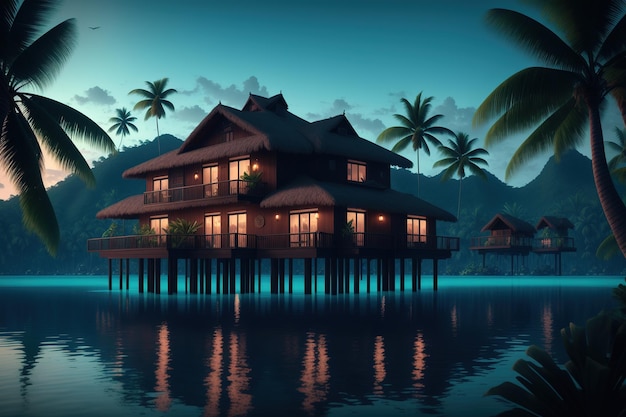 Uma ilha tropical com uma casa na água