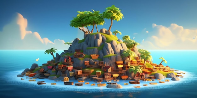 Uma ilha tropical com uma ilha tropical e palmeiras.