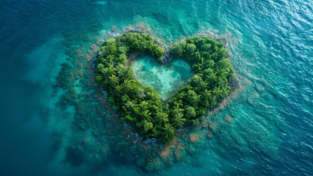 Uma ilha tropical paradísia em forma de coração no oceano aberto