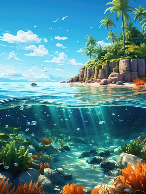 Uma ilha tropical paradisíaca com águas cristalinas, praias com palmeiras e corais coloridos