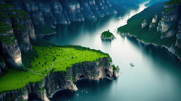 Uma ilha verde com um rio e um barco na água