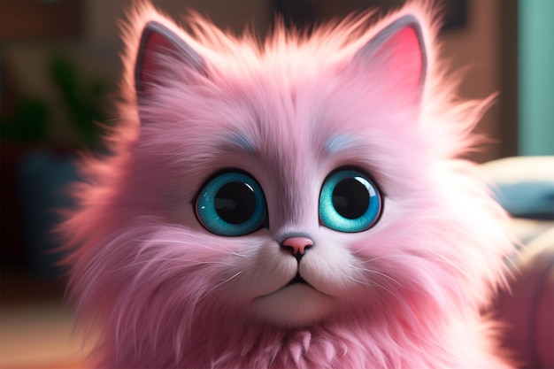 Uma ilustração 2d de gato rosa com desenhos animados de grandes olhos azuis