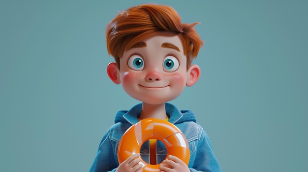 Uma ilustração 3D brincalhona e vibrante de um menino de desenho animado vestindo uma elegante jaqueta azul jeans segurando um frisbee com uma expressão alegre em seu rosto Perfeito para adicionar um toque de você