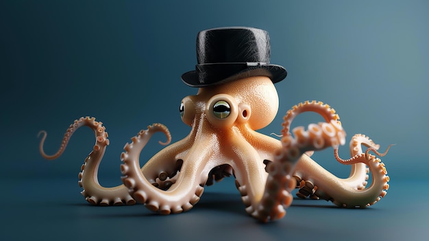 Uma ilustração 3D caprichosa de um polvo usando um chapéu de topo O polvo é castanho claro e tem seus tentáculos enrolados em torno dele de uma maneira caprichosa