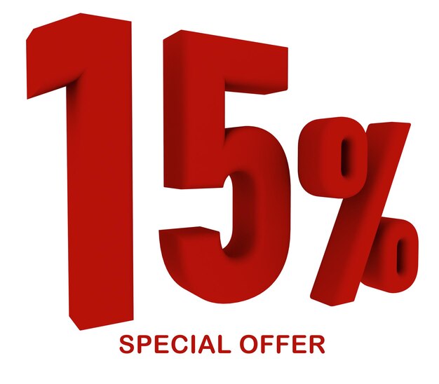 Uma ilustração 3d com texto com 15% de desconto na oferta especial cor de texto vermelho sobre fundo branco