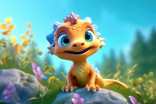 uma ilustração 3D de lagarto dragão bebê adorável e fofa fica na natureza