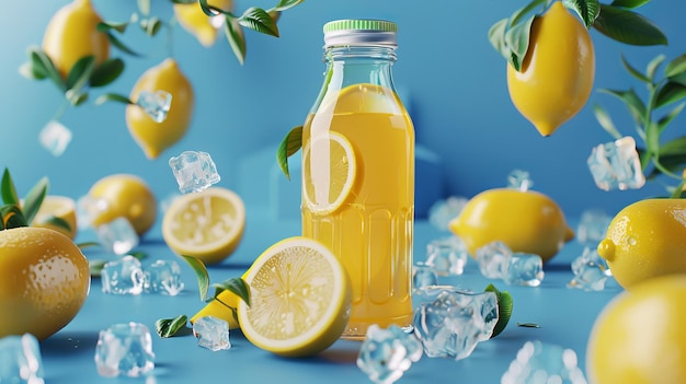 Uma ilustração 3D de um anúncio de chá gelado de limão com fatias de limão fresco e um cubo de gelo em uma superfície plana sobre uma superfície azul